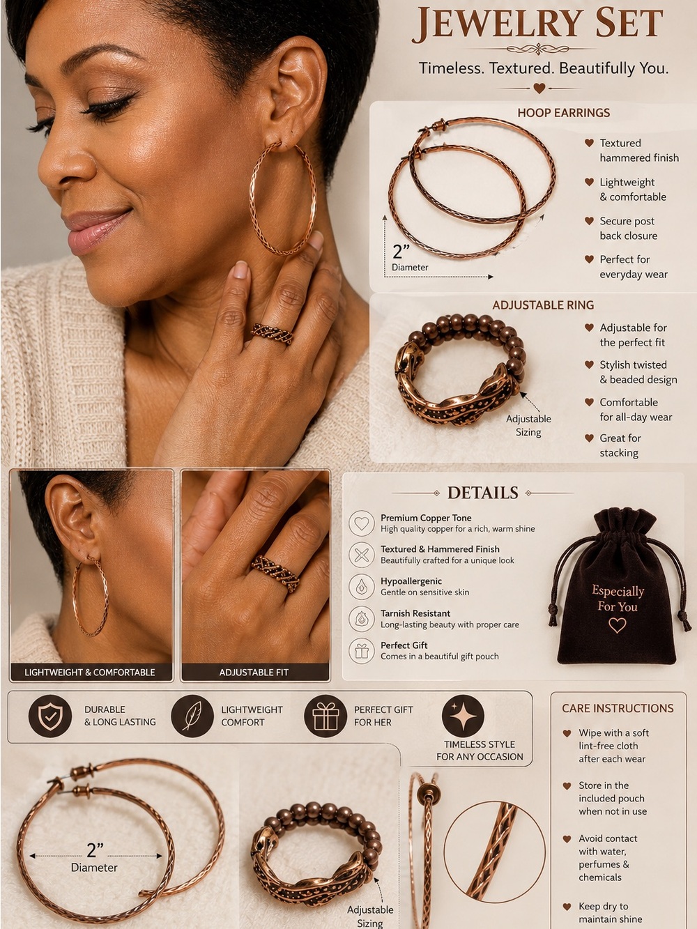 Copper-Tone Textured Hoop Earrings & Adjustable Ring Jewelry Set - Brown/Copper